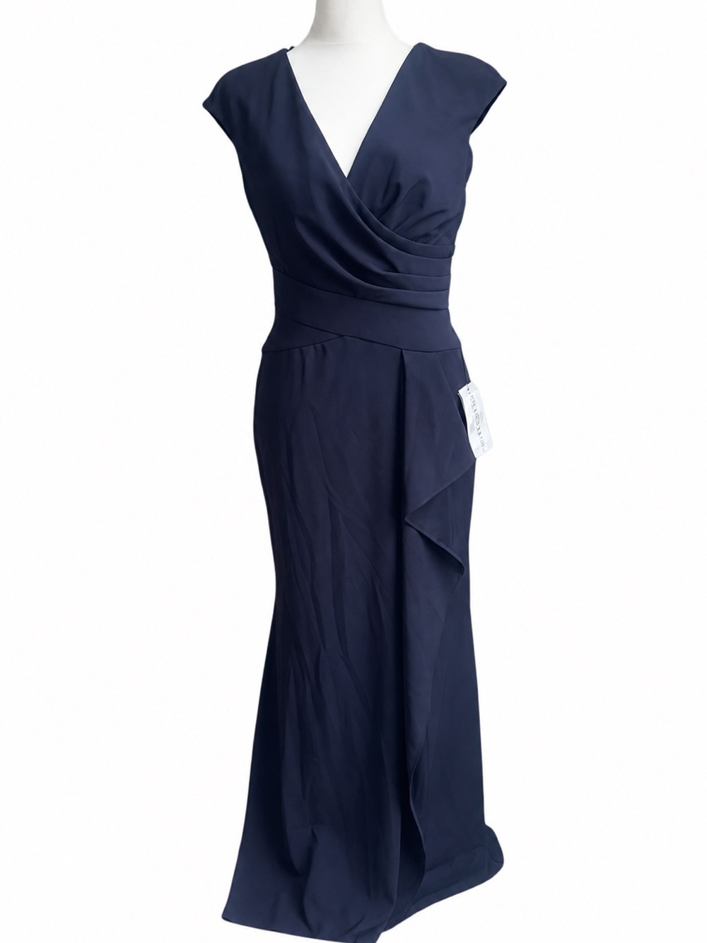 NEW Betsy & Adam V-Neck Cascade Ruffle Evening Dress Gown Dress Sz 4‎ Navy